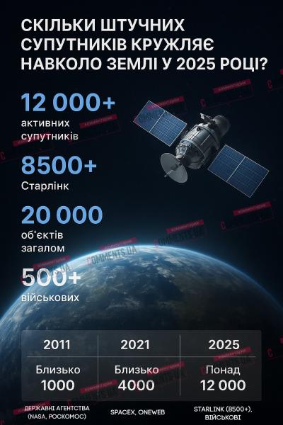 Скільки штучних супутників обертається навколо нашої планети: актуальні дані на 2025 рік (ІНФОГРАФІКА)